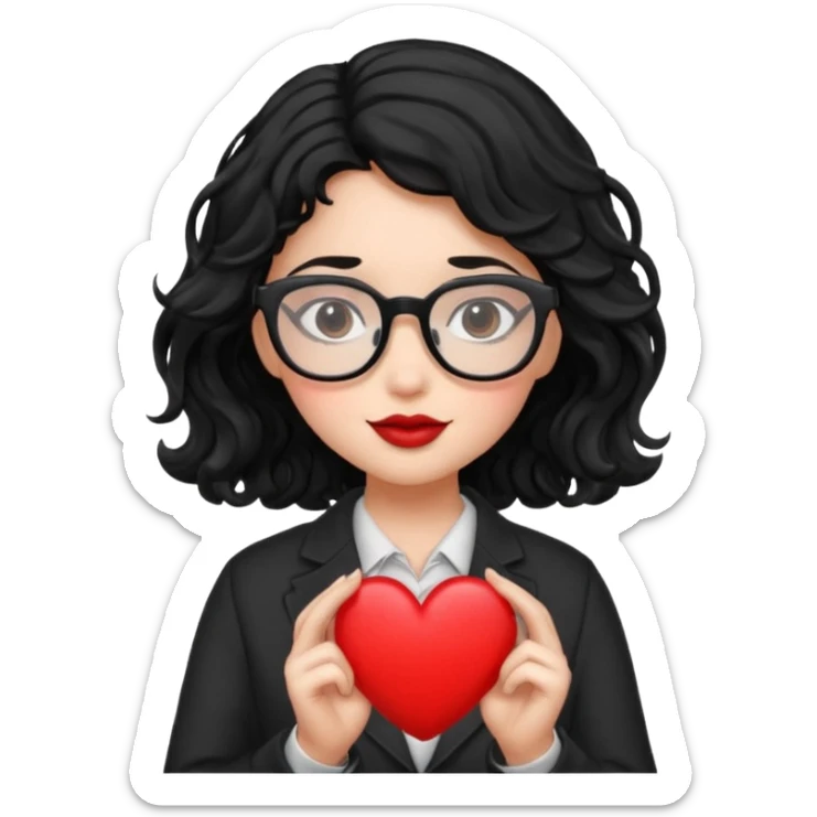 niña con pelo ondulado color negro con lentes negros y tenga un corazon en la mano sticker
