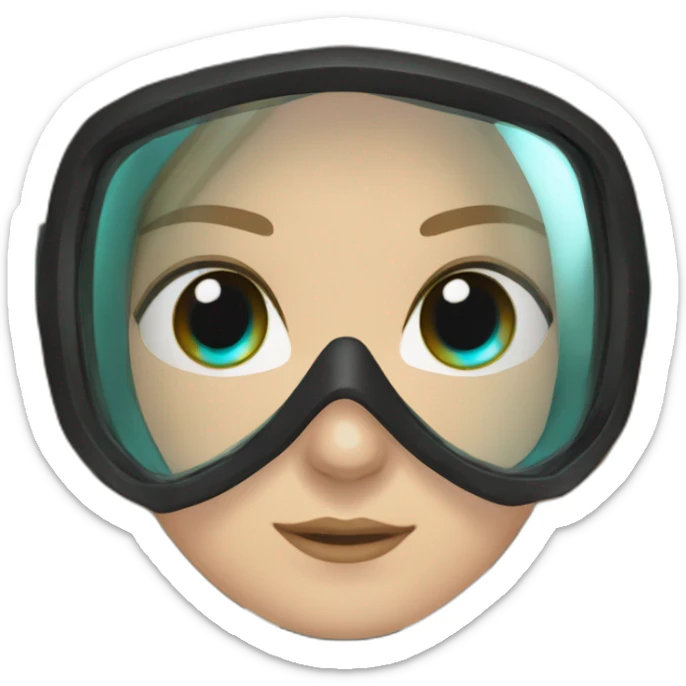 woman large light brown straight hair, black diving mask with a single crystal, tourquese eyes, scubadiving gear sticker