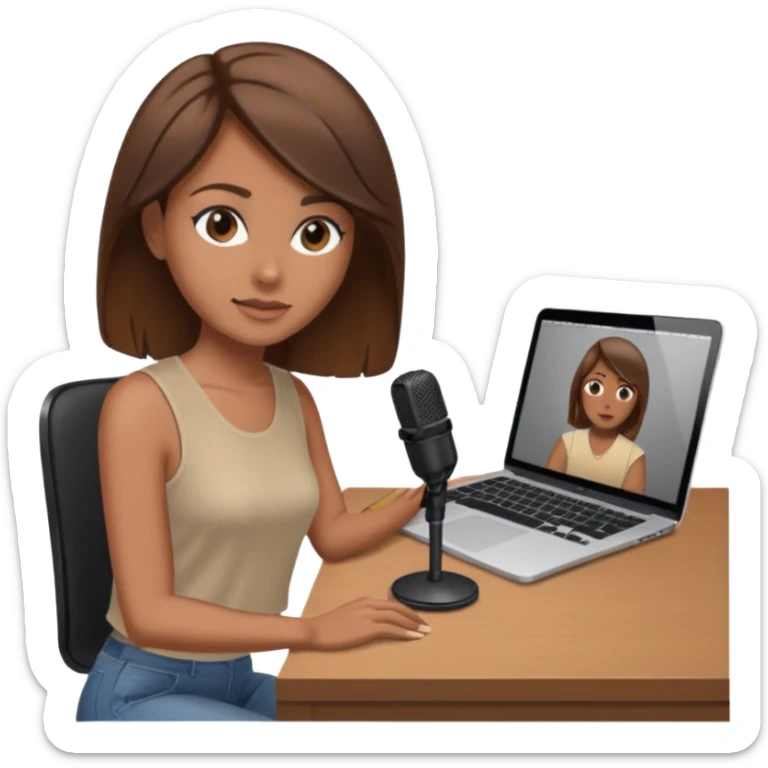 tanned brown hair woman, sat at desk with MacBook, podcast microphone bleige top and beige, sexy, glass table sticker