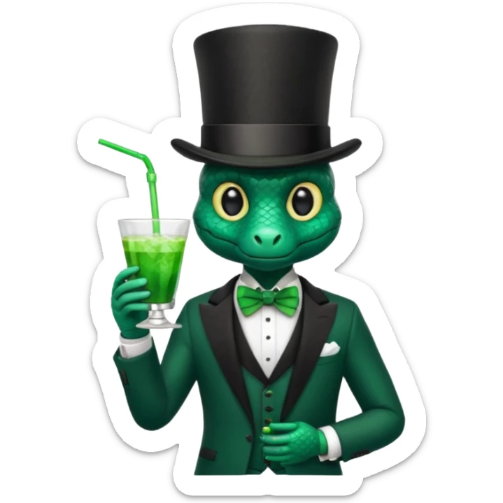 snake wearing suit, bowtie and top hat, holding a glass of green drink sticker
