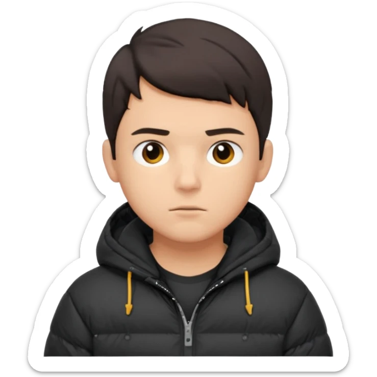 Style anchor + Young adult male American, medium skin, short dark hair, black puffer jacket over hoodie, neutral focused. sticker