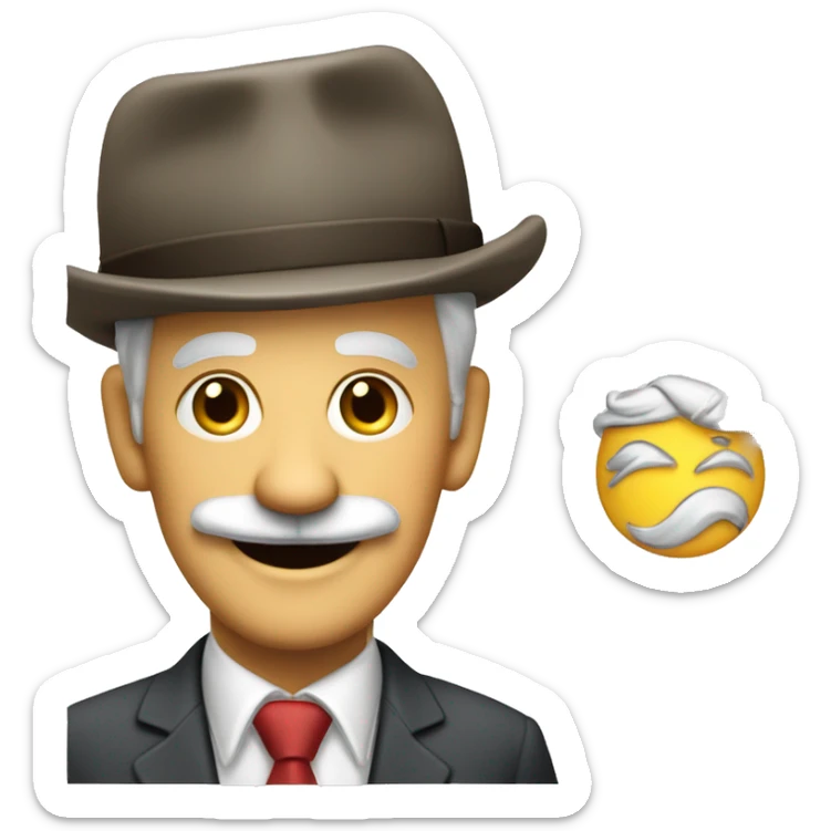 White old guy with a mustasch and an an old ugly suit, big smile and a cap with an oil company logo sticker