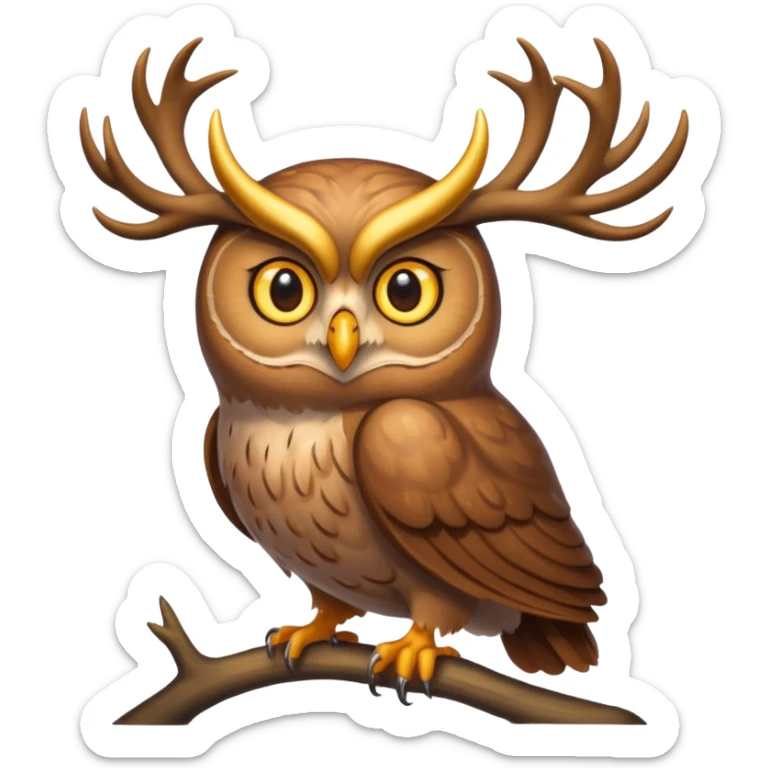 Emoji chouette perchée brun clair, yeux jaunes brillants,bois de cerf imposants sur la tête, sagesse et puissance. Avec majesté sticker