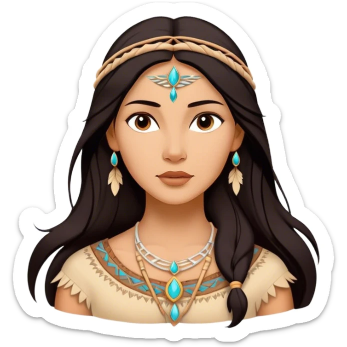 Cinematic Radiant Pocahontas Portrait Emoji, rendered in a vector-style with clean lines. Show Pocahontas with luminous, sun-kissed skin and flowing dark hair adorned with subtle natural ornaments, her expression calm and kind, dressed in simple traditional attire with earthy tones. The image glows softly with a warm, inviting radiance, enhanced by a soft glowing outline. sticker