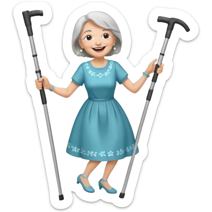 elderly woman with pants, grey hair, laughing and dancing th crutches sticker