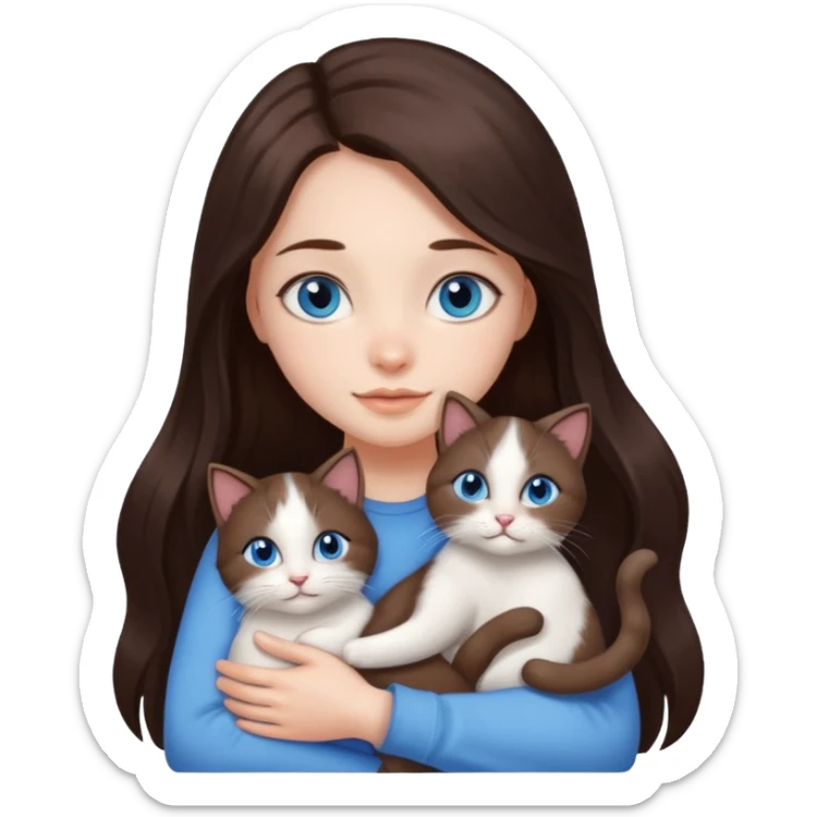 a pretty girl with long dark 
brown hair, with blue eyes, hugs 3 different natural coloured small cats sticker