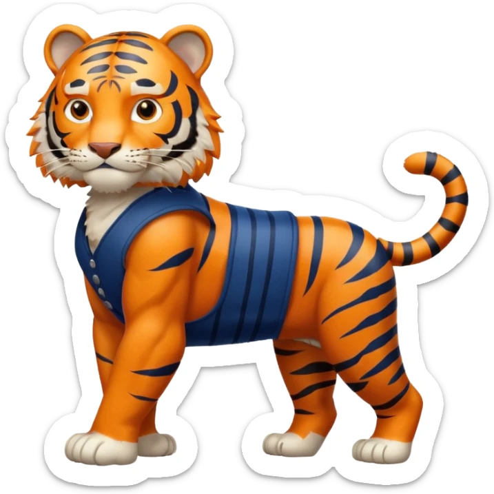 crea un tigre de cuerpo completo, que lleve un chaleco color azul marino y que en el chaleco lleve el nombre (telamon) sticker