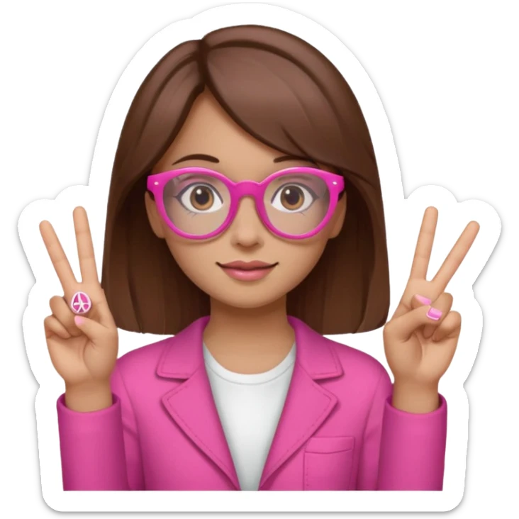 girl with medium brown hair and brown eyes, wearing pink glasses, with a peace sign sticker