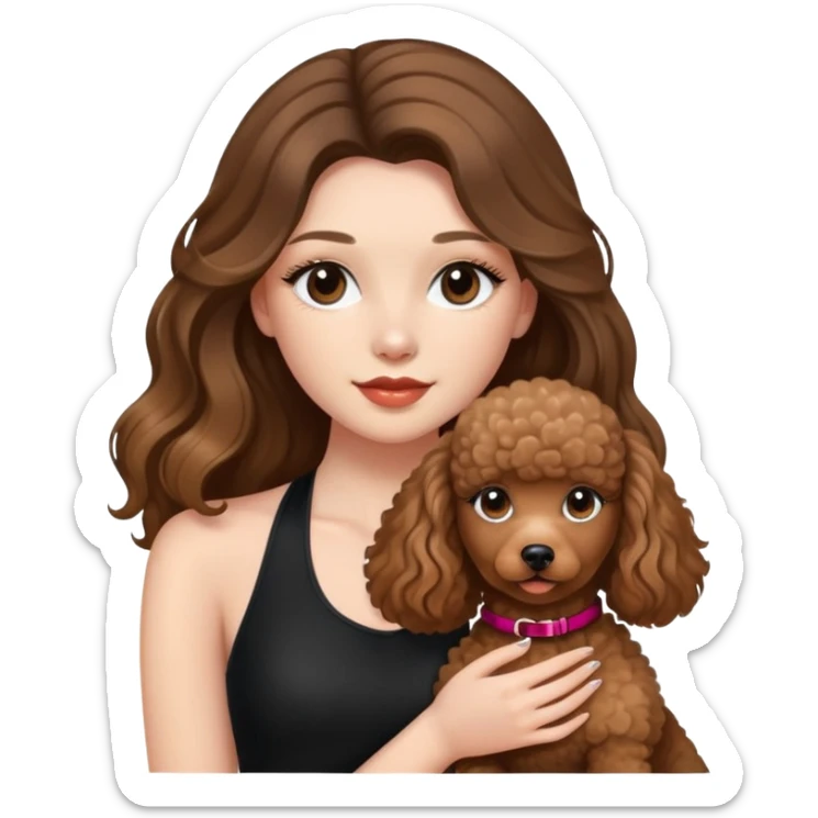 girl with long balayage hair and long lashes, wearing black halterneck top, and holding a brown poodle sticker