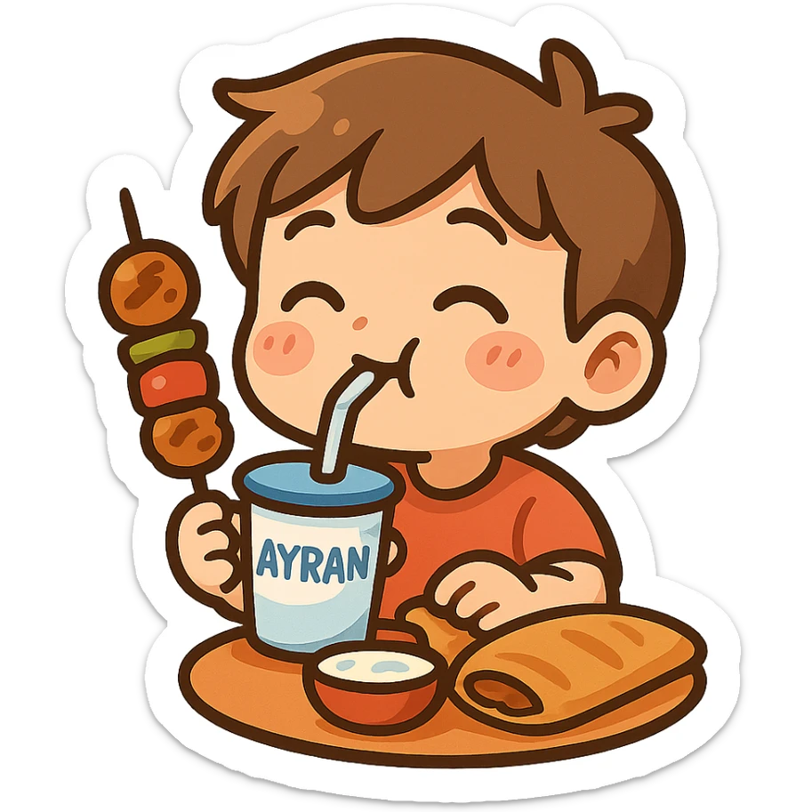 Ayran içen bir karakter, yemek yerken, mizahi ve sevimli bir şekilde, colorful and fun chibi sticker style sticker