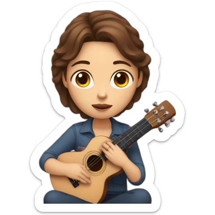 woman with brown hair with ukelele in hand sitting, with a sad look on her face sticker