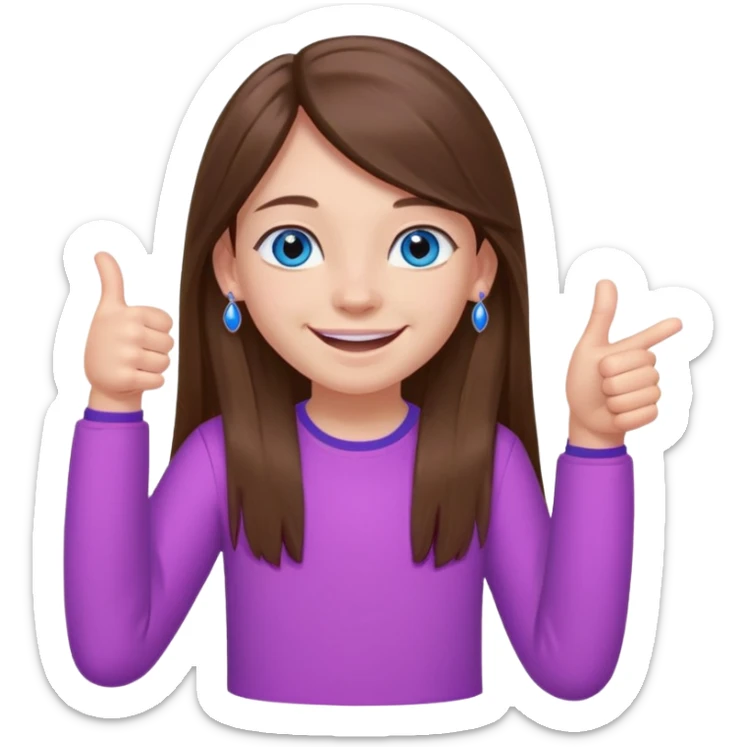 12 year old girl, blue eyes, brown long ish straight hair, smile and two thumbss up with purple stud earings and a pink shirt, and that you can see my whole body, and no teeth in my smile sticker