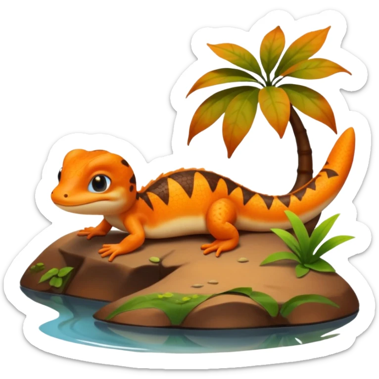 A 3D cartoon newt resting near a pond, orange and brown colors, visible tail, friendly expression, soft reflections and lighting, Memoji-style character. sticker