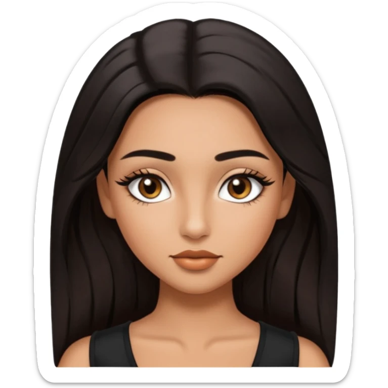 A girl, who has long black styled silk hair, tan skin. almond brown eyes that has black long lashes, small nose and full lips. and a bit of makeup like bronzer. and wearing a white tight top. long black lashes and medium arched brows. looks like a baddie. sticker
