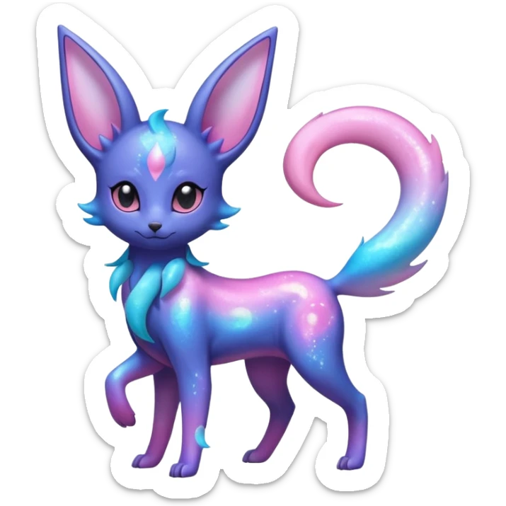 Shiny Iridescent Nebulae Espeon-Umbreon-Sylveon-Fakémon-hybrid-creature (full body)  with a galaxy-dust-flowing-gradient-tail sticker