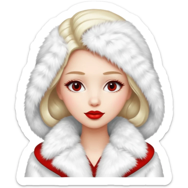 A beautiful, cute girl with red lipstick on her lips in a white fur coat,  in full view sticker