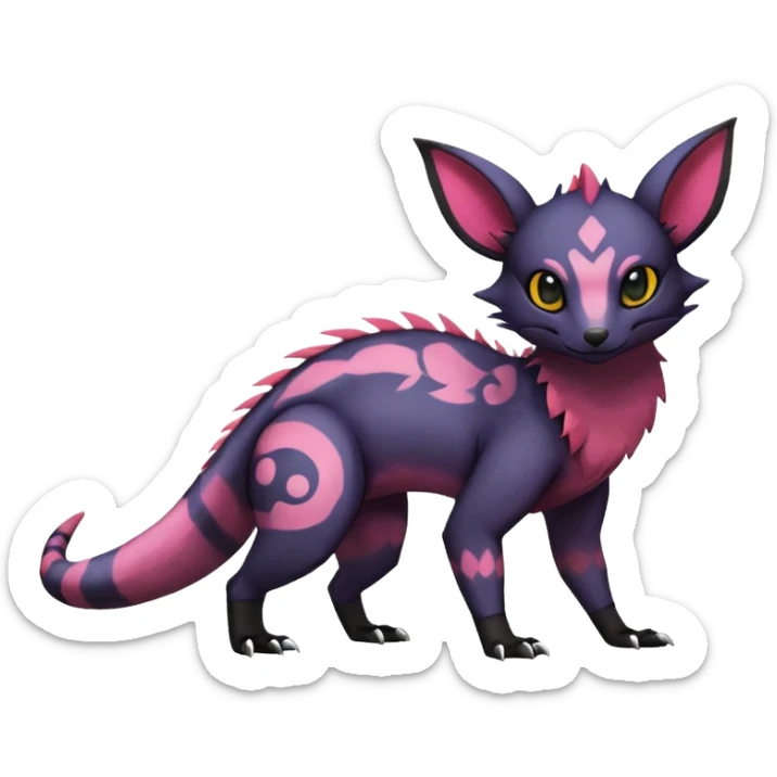 Rare epic aesthetic colorful Salandit-Noibat-Eevee-Civet-species-Fakemon-hybrid-creature, with markings, full body sticker