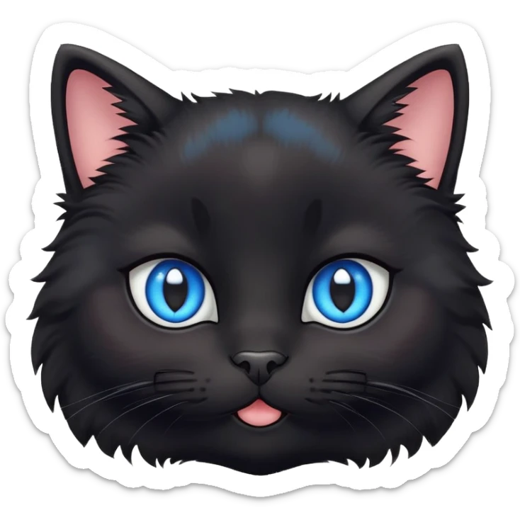 super cute fluffy black cat face with big adorable blue eyes, kawaii style, round face, very cute expression sticker