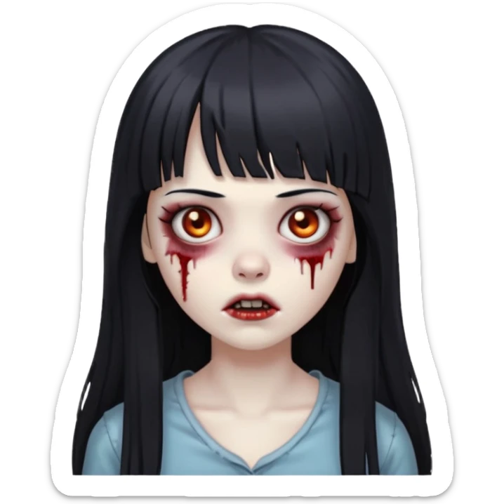 faça o emoji de uma menina zumbi de cabelos longos pretos com franja sticker