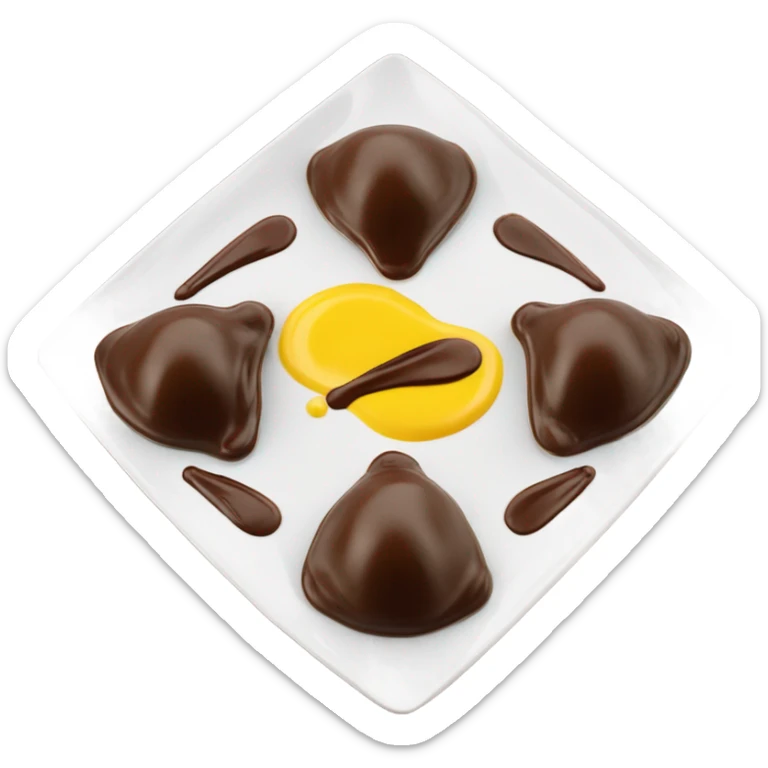1 Chocolate quenelle and 1 vanilla quenelle on a fine dining glass plate with 3 small drops of yellow sauce as decoration sticker