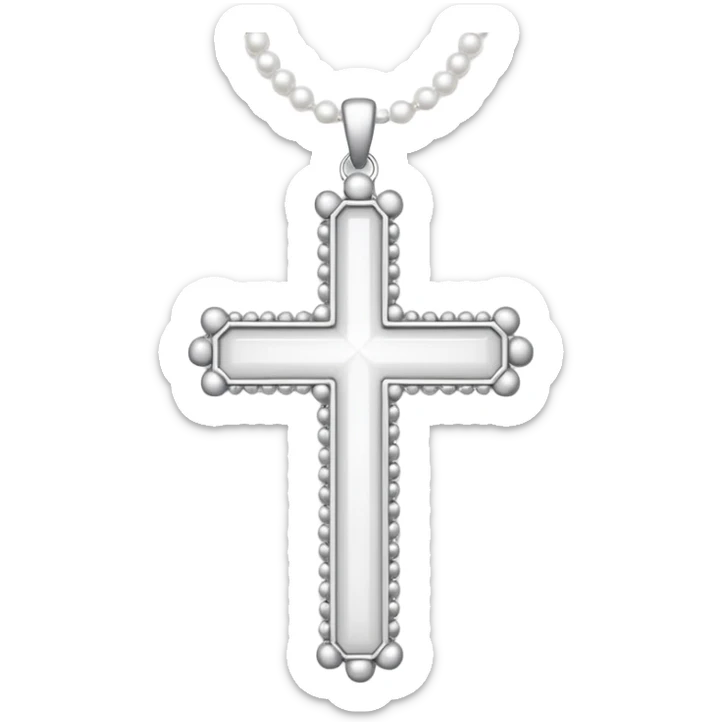 Elegant emoji icon of a white cross made of white beads, glossy surface, and white bead chain subtle shadows, pure white palette sticker