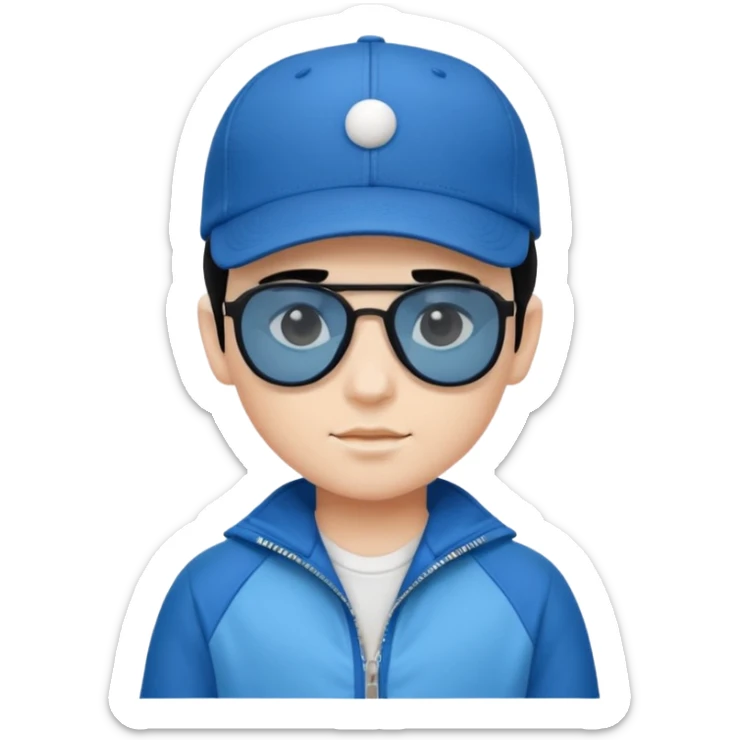 make a genmoji of a boy with a white baseball cap, black hair and a blue zipper jacket with black sunglasses sticker