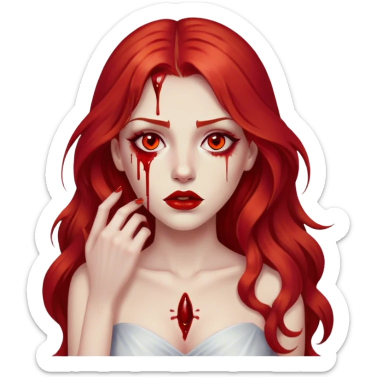 a woman with long red hair and red eyes. She have red lipstick. blood on face and metaphorical chest sticker