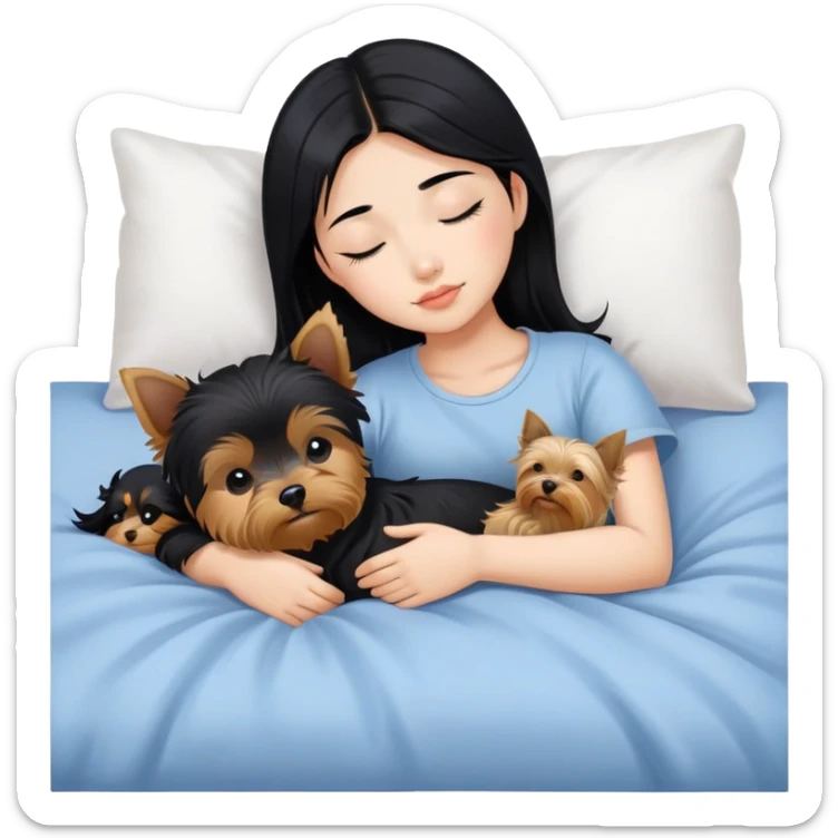 pretty asian girl with black hair sleeping in bed with yorkshire terrier sticker