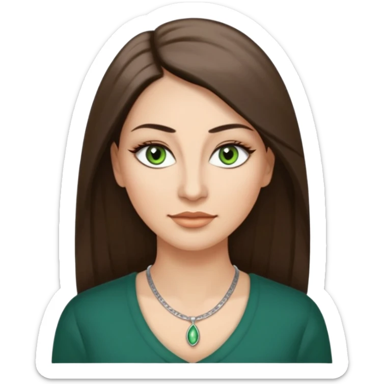 40 year old Adult woman avatar, light skin tone, oval face, long straight ashy brown hair, green almond-shaped eyes with dramatic eyelashes and minimal eyeliner, neutral mouth, medium straight eyebrows, small nose, smooth skin sticker