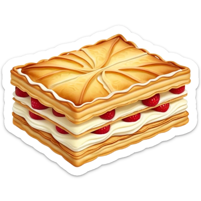 mille-feuille-cinematic-realistic-mille-feuille-dessert-emoji,-depicted-as-a-rectangular delicate-pastry-composed-of-two-crisp-layers-of-puff-pastry-with-a-rich-cream-filling,-rendered-with-intricate-textures-and-elegant,-soft-lighting. Please only show two layers only. sticker
