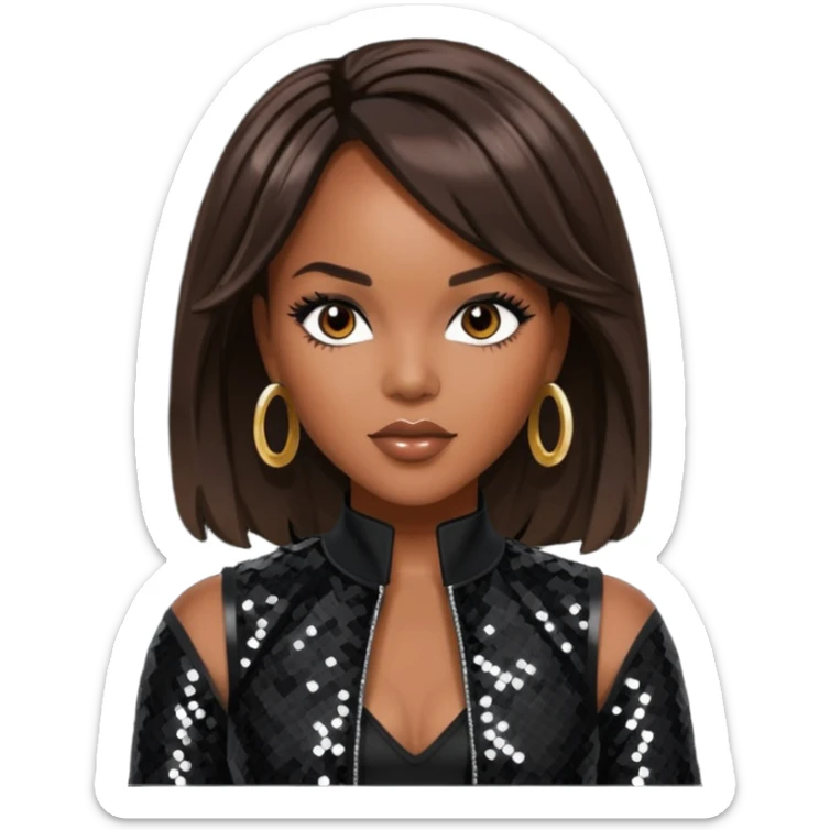 LeToya Luckett with long dark brown hair, black sequin tour outfit  sticker