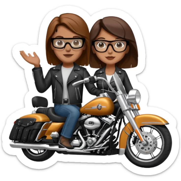 Un couple de biker sur une harley road king noire, l'homme no moustache et une paire de lunettes demetz ros21, la fille a des cheveux plus dans les tons chatain sticker