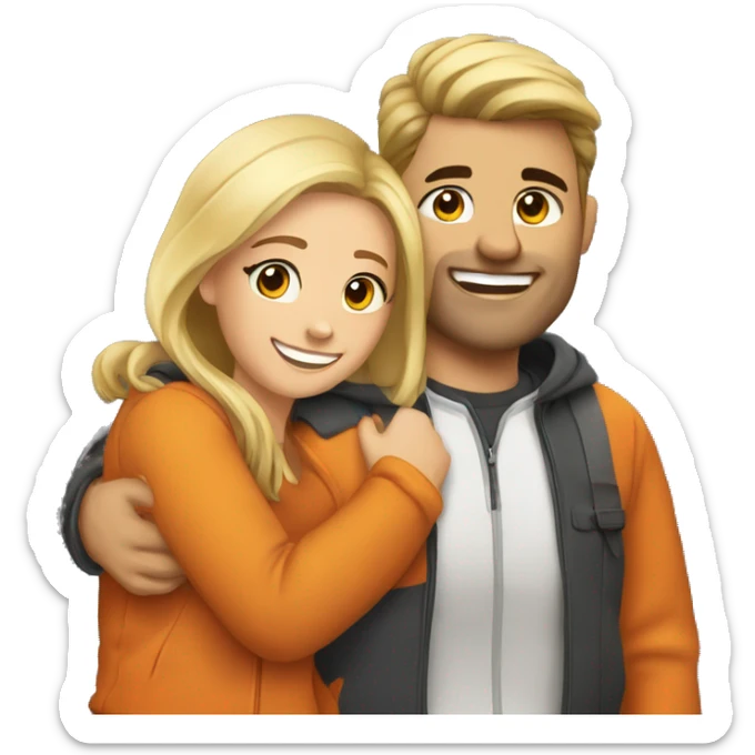 couple hug with warm smiles. The Girl have braun/black hair und the man blond/orange hair sticker