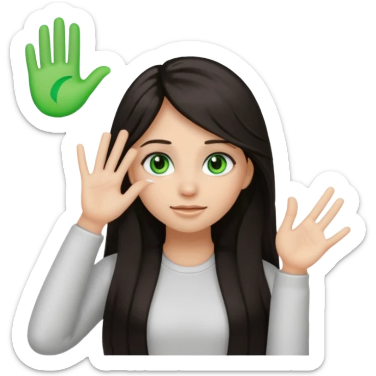Animated girl dark long hair green eyes emoji holding right side of the head with her hand with duh facial expression  sticker