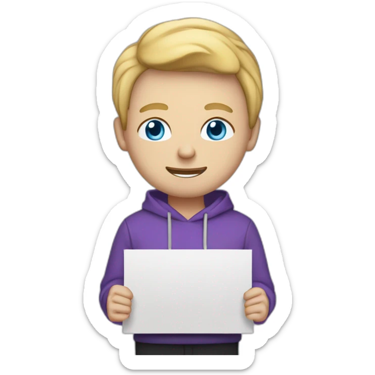 A man with blond hair, light blue eyes,wearing a purple hoodie l, in black pants  holding a sign with a text “wstyy bot” sticker