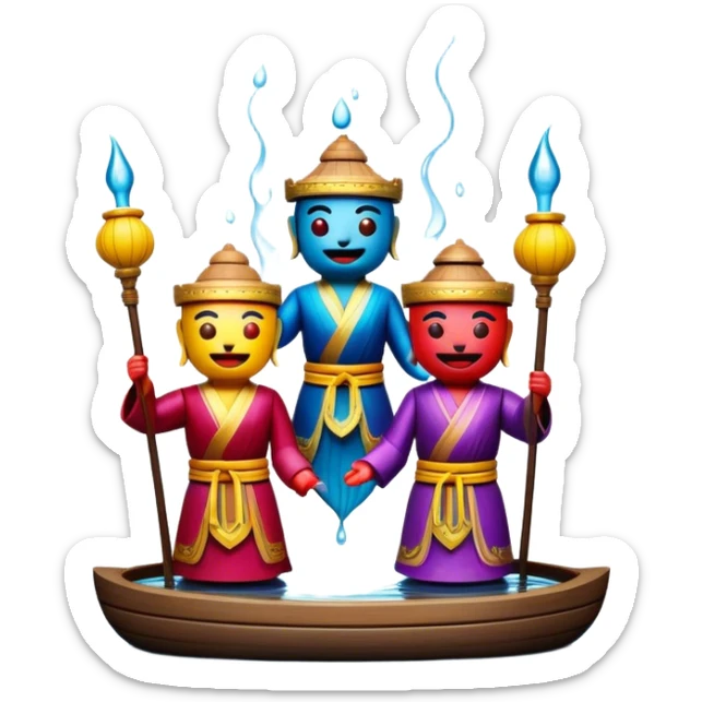 Cinematic Realistic Water Puppetry Emoji, depicted as a whimsical scene of traditional water puppets performing on a reflective water stage, rendered with vivid textures and dynamic playful lighting that captures its enchanting charm. sticker