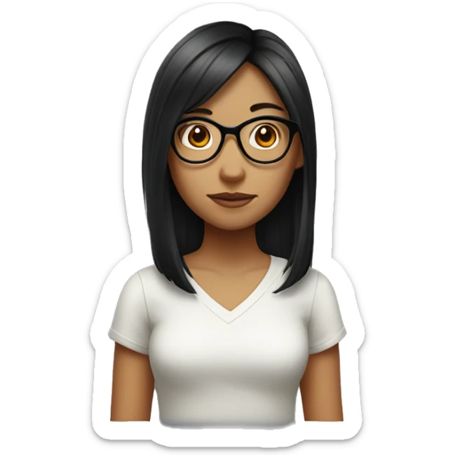 a girl having black mid length hair, wearing glasses. She’s Chinese, and the last part of hair is red sticker