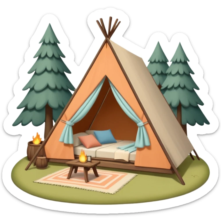 A-Frame house in a glamping setting, with a tent and outdoor furniture sticker