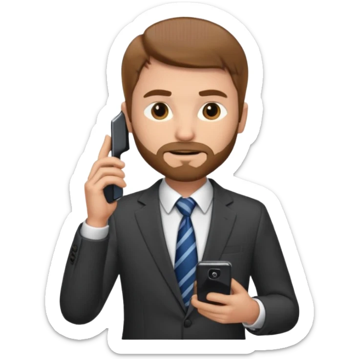 Un hombre con poco barba,  de traje con tez clara pelo color castaño, vestido con traje camisa y corbata y un celular en mano .  sticker