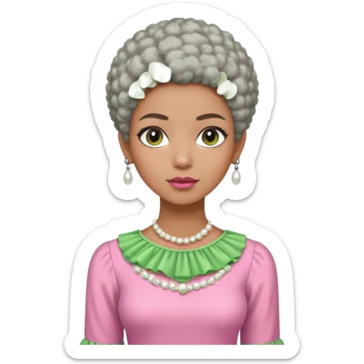 Pretty Brown woman with a very very short stylish gray Afro  wearing pink and green dress  and pearl blouse with sleeves sticker