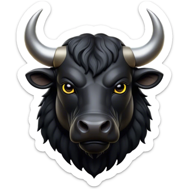 Cinematic Noble Black Bull Portrait Emoji, Poised and regal, with a massive, muscular build and a sleek, well-groomed pure black hide, deep-set soulful dark eyes, Simplified yet sharp and sophisticated features, highly detailed, glowing with a soft, dignified glow, high shine, intelligent and formidable, stylized with an air of strength, focused and attentive, soft glowing outline, capturing the essence of a watchful and confident guardian, so majestic it feels as though it could charge out of the screen with effortless authority! sticker