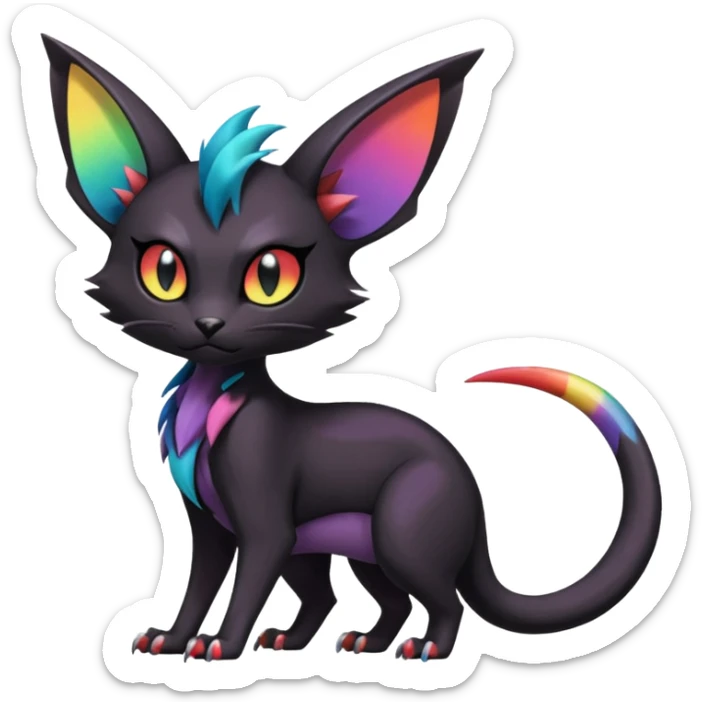 Obsidian-pitch-Black with rainbow-markings edgy Noivern-Noibat-Purloin-Torracat-Lykoi-Caracal-cat-Fakemon-fusion-hybrid-creature sticker