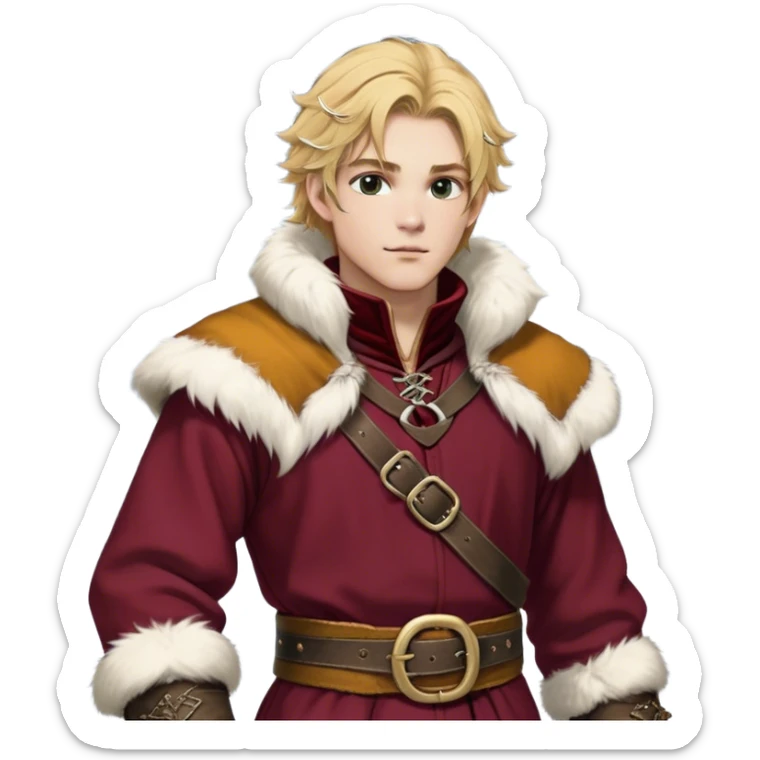 Medieval winter outfit worn by a DnD themed fantasy male character. Thick crimson wool tunic with white fox fur trim, featuring carved ivory toggles and a wide leather belt with bronze buckle. Clothes only above the waist, full waist coverage. The character has no arms. Character is white-skinned with honey gold hair, storm-cloud gray eyes, and medium-length tousled hair with icy highlights. sticker