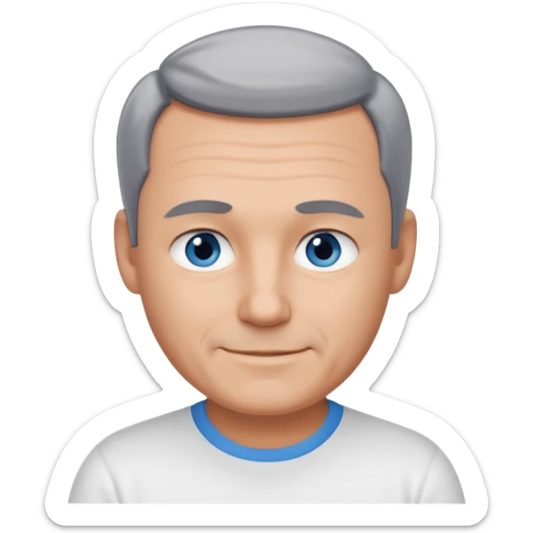 Middle aged man with tanned skin, little black to grey hair, receding hairline and no beard, blue eyes, shy smile sticker