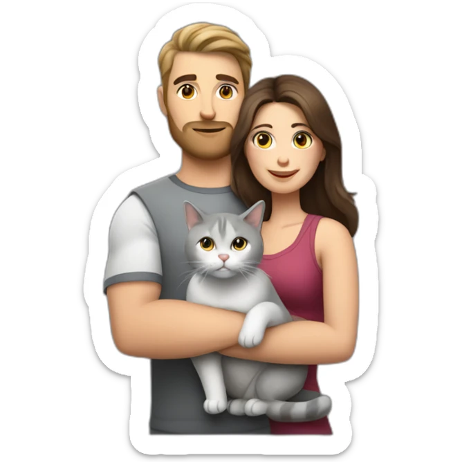 white brun man and brunette woman with a fat gray cat in their arms sticker