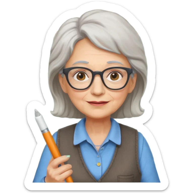 Female Teacher – older woman, similar vest attire, glasses, holding chalk sticker