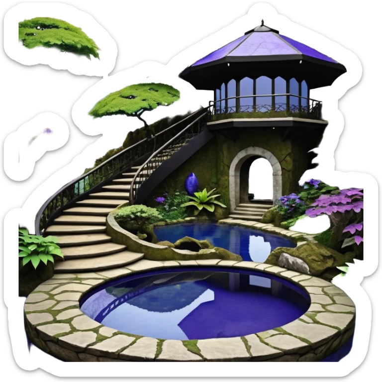 Alien saucer poolhouse jungle-vines winding narrow stairway fountain koi pond mountainside -island getaway nighttime landscape antique mudman very old broken cracked intricate Stone Age lapis-crusted irregular dodecagon-shaped shallow dark moss rough bark violet serissa flowered maple tree bonsai sticker