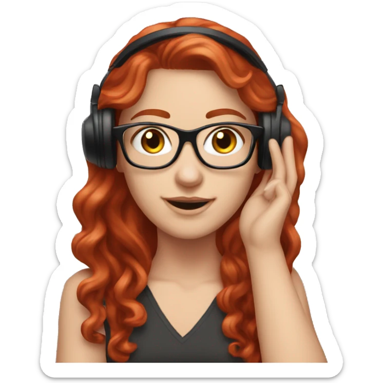 White girl Tipping Hand, with long red red wavy hair, square glasses, wearing headset sticker