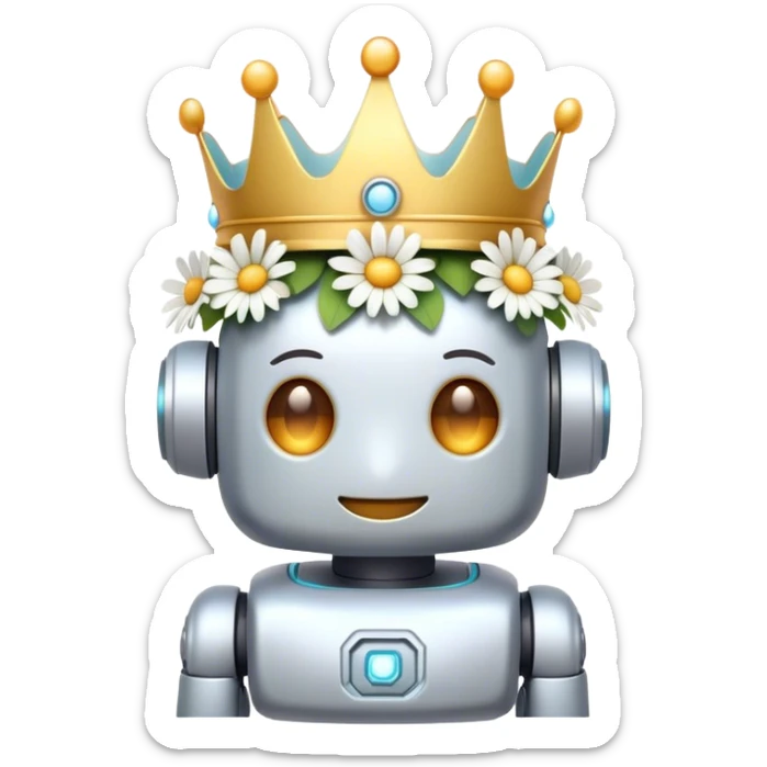 "Create a soft pastel emoji of a cute robot with a gentle smile, wearing a crown of daisies (or cherry blossoms) on its head. Add soft, glowing eyes and a warm, friendly vibe." 🌸✨ sticker