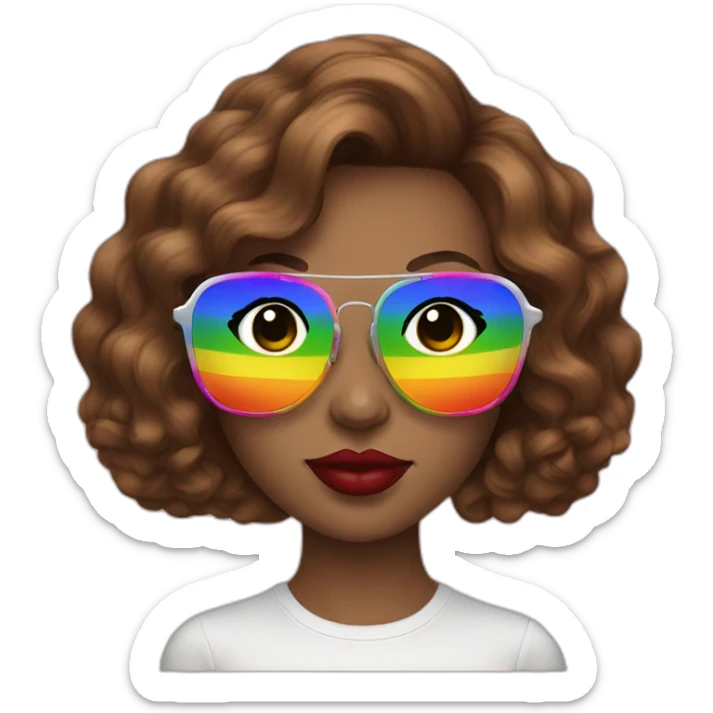 gay pride sunglasses on female head with wavy brown hair and rainbow lipstick sticker